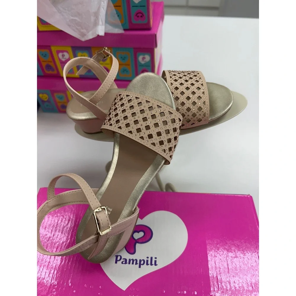 Pampili Girls Pink Laser Cut Rhinestone Dress Sandals Low Block Heel Metallic